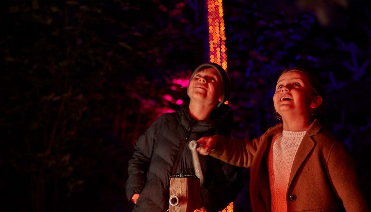 Young boy and girl turning a hand crank to light up the forest