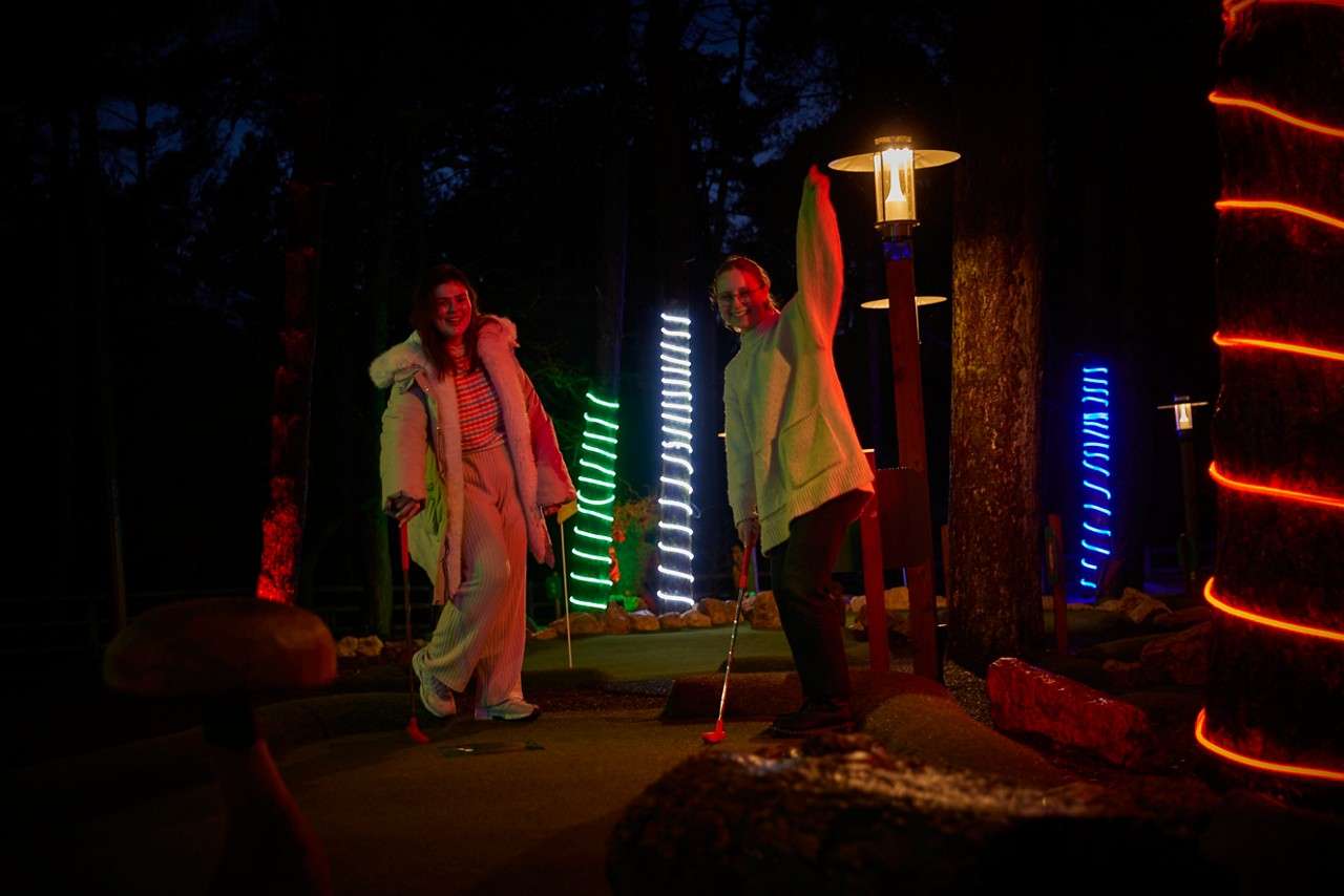 Group playing golf in the moonlight.