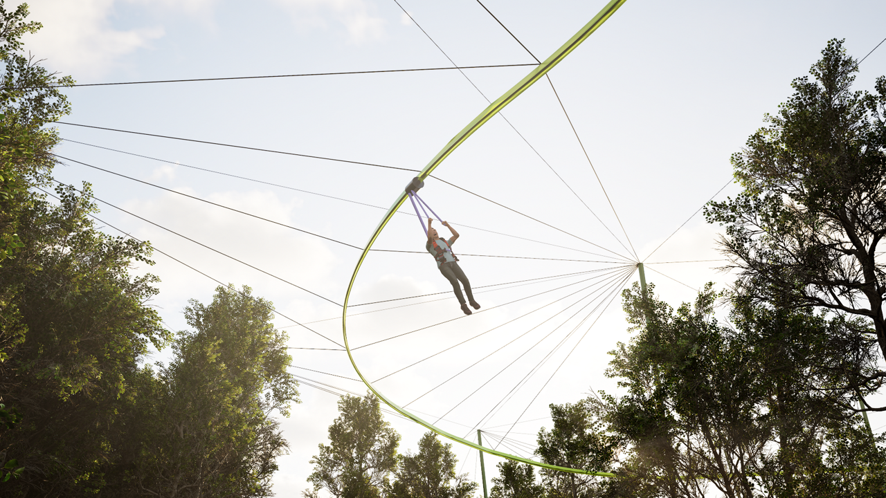 CGI image of a person flying through the sky on the Treetop Glider activity
