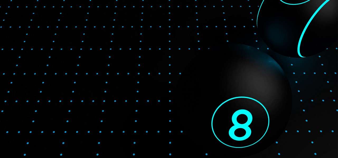 Glowing cyan-numbered 8-ball rests on a dark field of evenly spaced blue dots; another black sphere with cyan stripe appears nearby. Text: 8