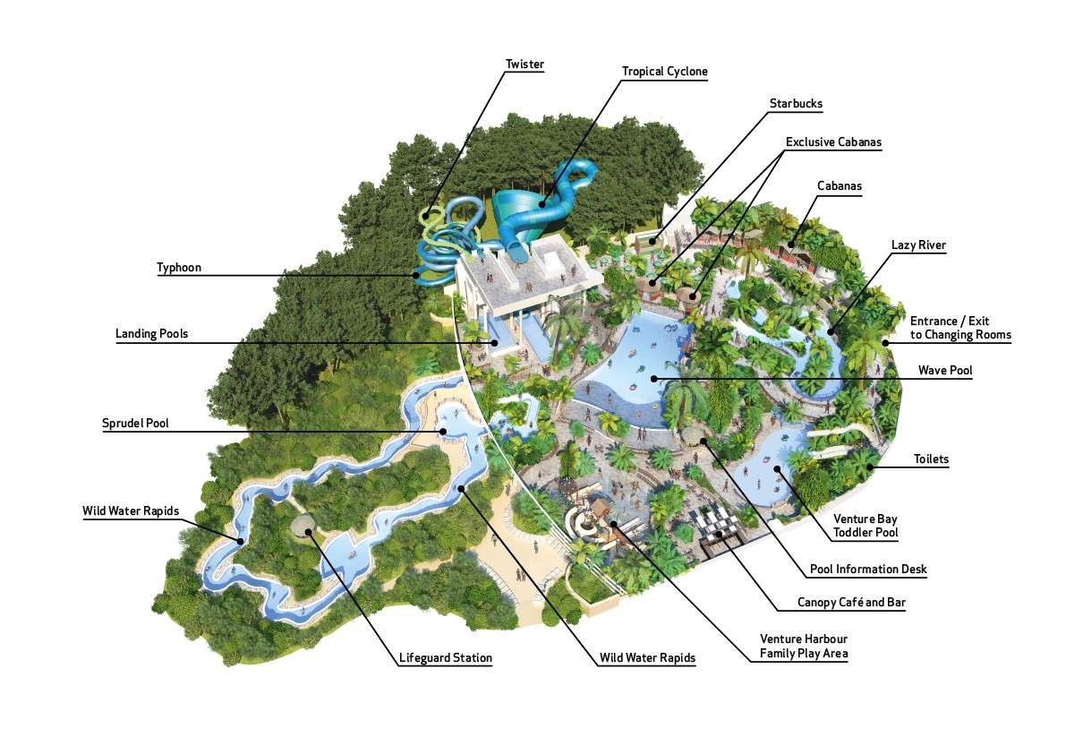 Waterpark map labels attractions; slides and pools operate within a lush, winding landscape. Text: Twister; Tropical Cyclone; Starbucks; Exclusive Cabanas; Cabanas; Lazy River; Entrance / Exit to Changing Rooms; Wave Pool; Toilets; Venture Bay Toddler Pool; Pool Information Desk; Canopy Café and Bar; Venture Harbour Family Play Area; Wild Water Rapids; Lifeguard Station; Sprudel Pool; Landing Pools; Typhoon; Wild Water Rapids.