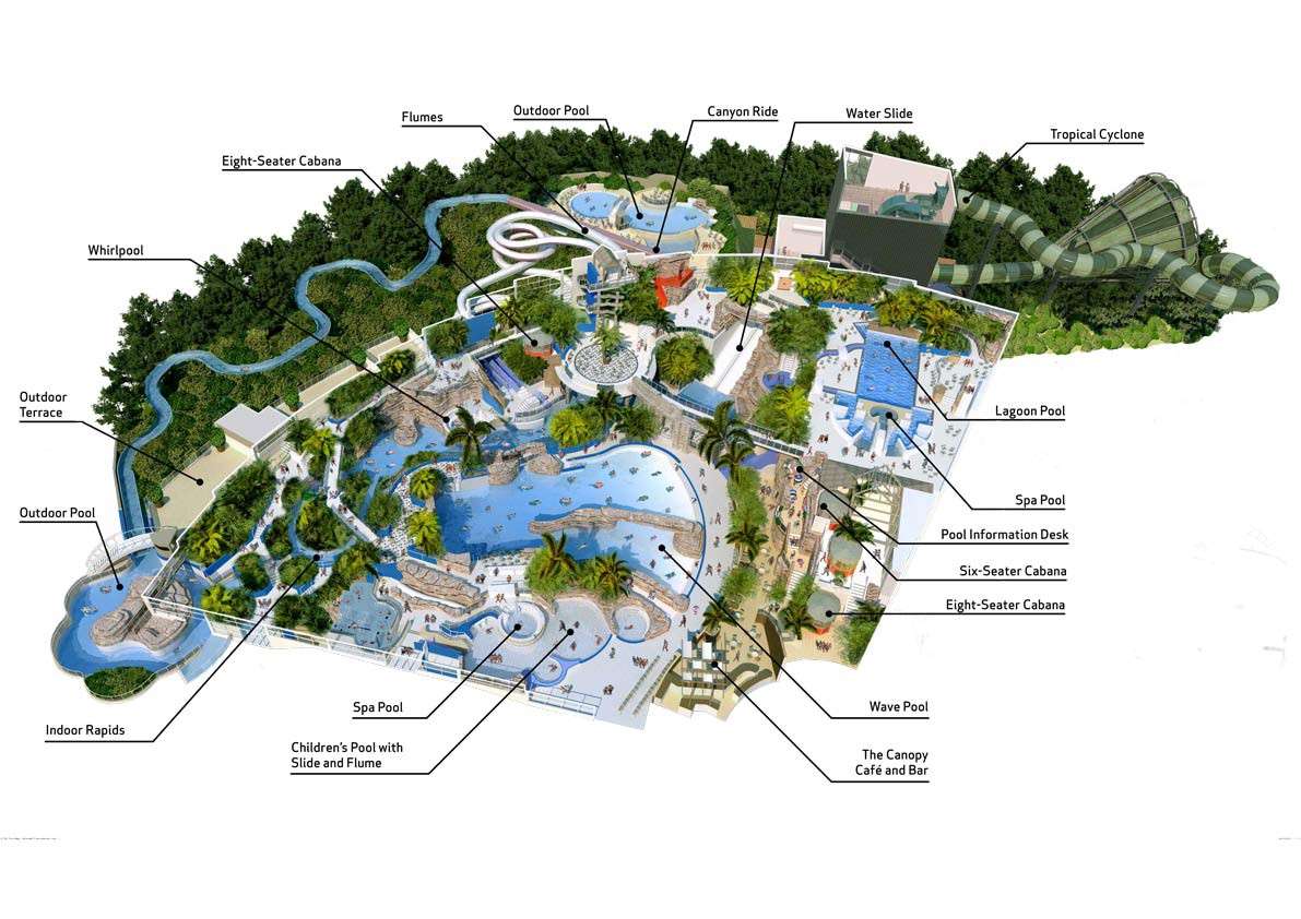 Waterpark layout diagram shows labeled pools, slides, and cabanas, set amid tropical trees and pathways.

Text: Flumes; Outdoor Pool; Canyon Ride; Water Slide; Tropical Cyclone; Lagoon Pool; Spa Pool; Pool Information Desk; Six-Seater Cabana; Eight-Seater Cabana; Wave Pool; The Canopy Café and Bar; Indoor Rapids; Children’s Pool with Slide and Flume; Spa Pool; Outdoor Pool; Outdoor Terrace; Whirlpool; Eight-Seater Cabana.