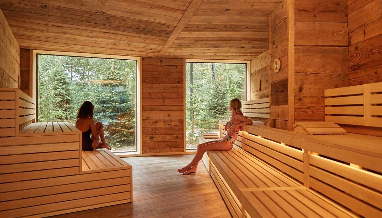 Two women sitting in a wooden sauna 