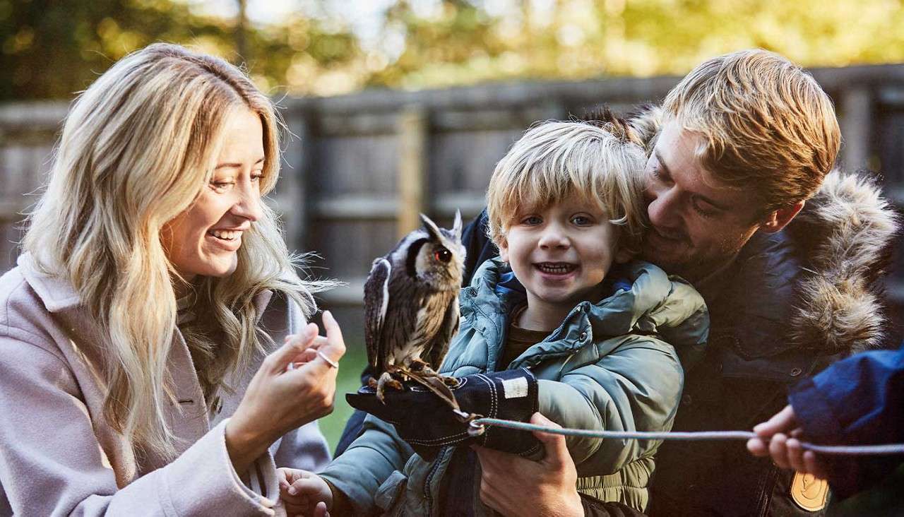A family holding a small owl