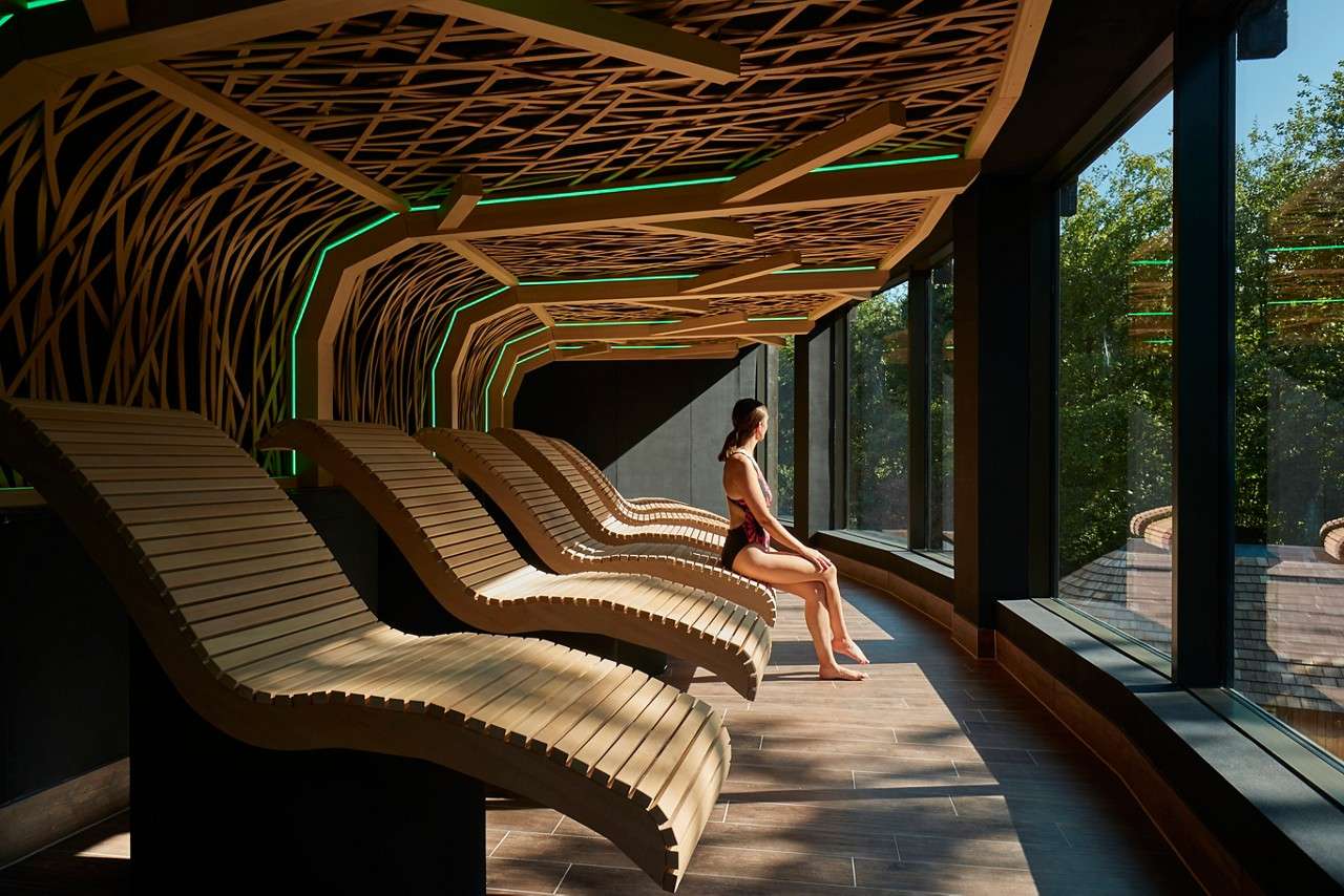 Woman sitting on a contoured wooden seat, looking out at panoramic views of the forest.