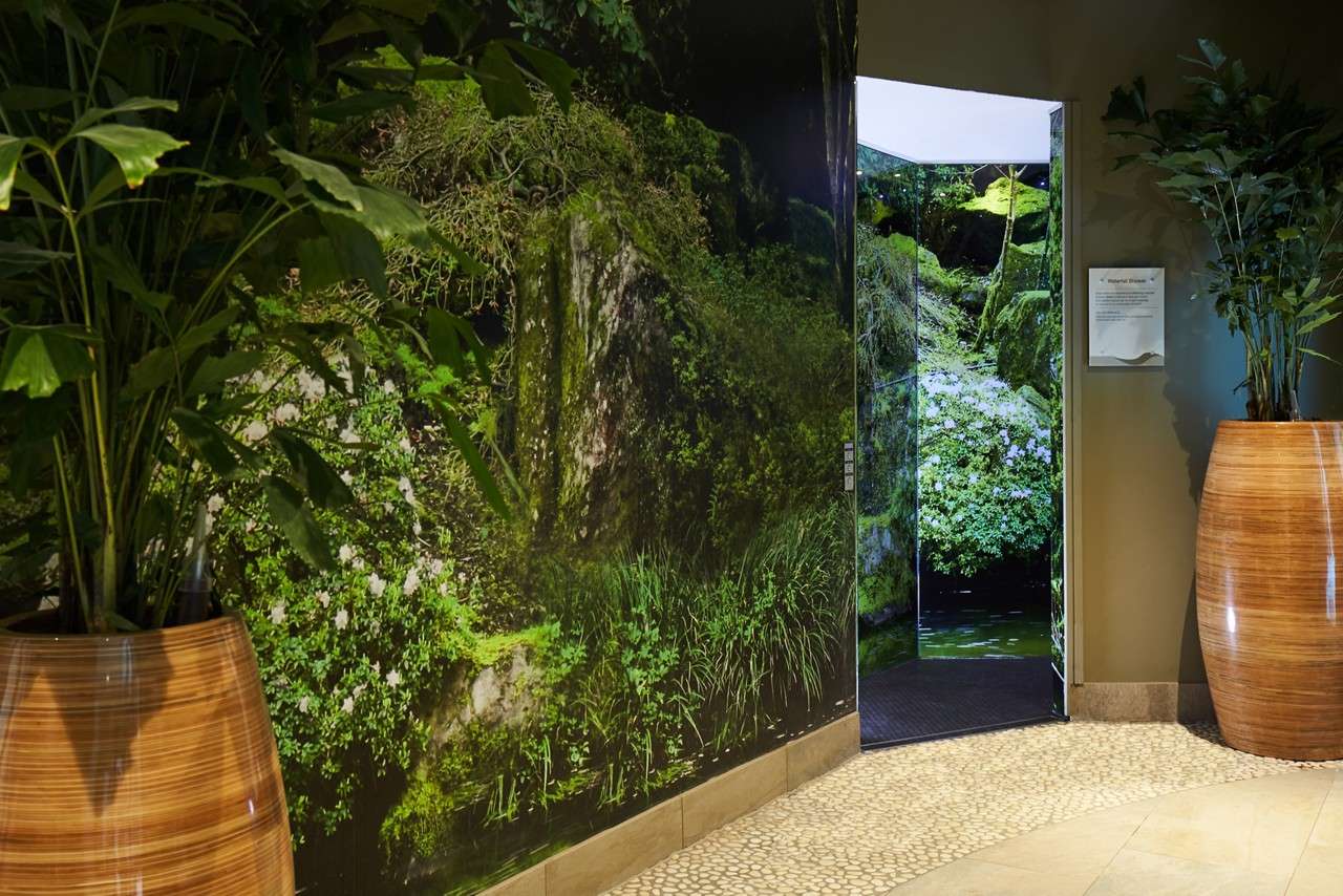 Doorway opens to forest-themed elevator; walls display lush mossy rock mural; large wooden planters with tall indoor plants flank entry; pebble-pattern floor curves along corridor. No legible text.