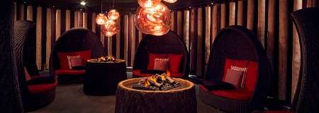 Cocoon seats with cushions positioned around a roaring fire.