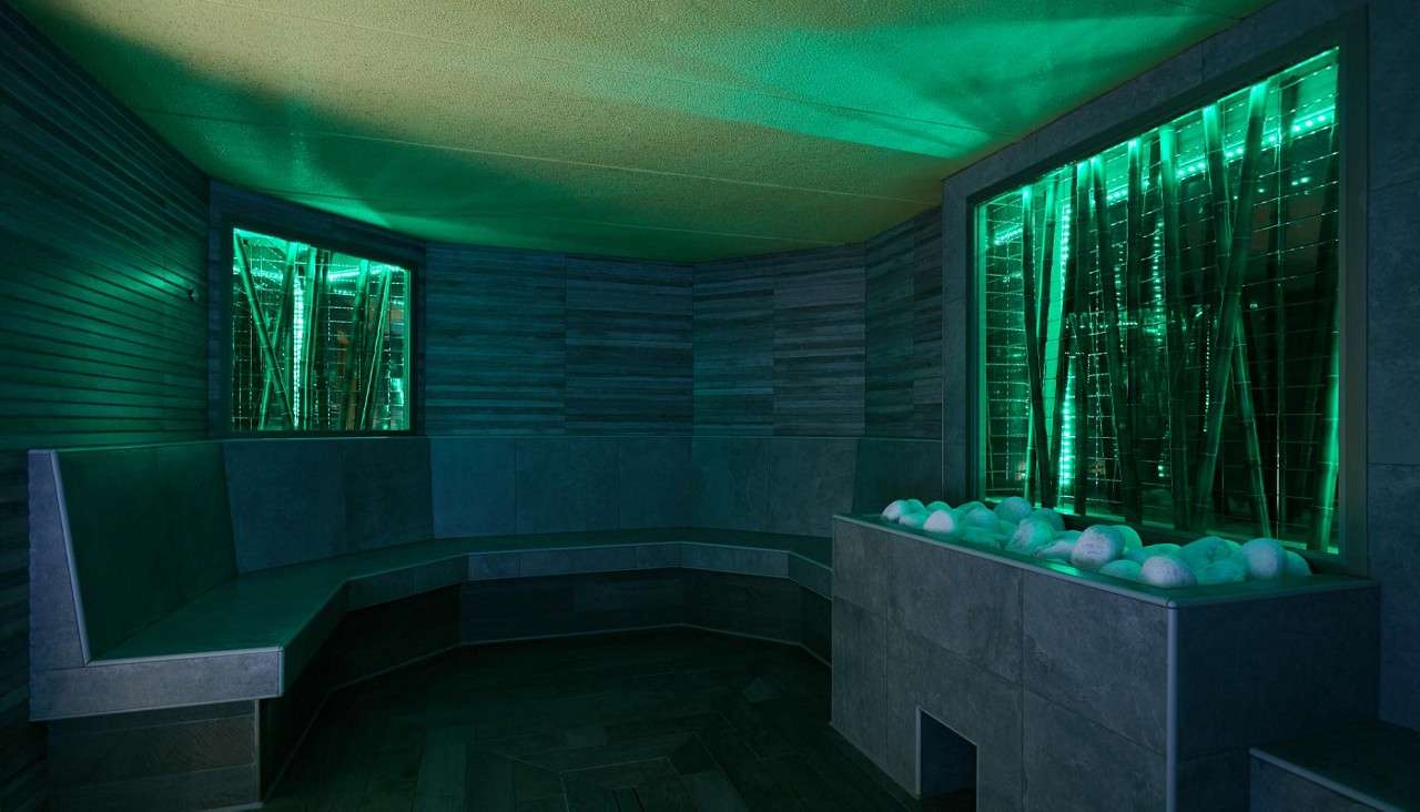 A glowing salt steam room