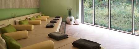 Lounge seating looking out to surrounding forest.