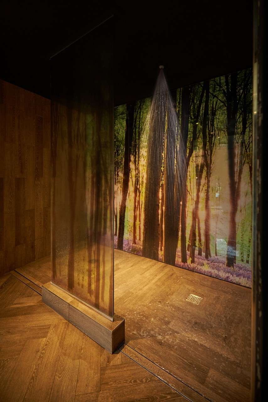 Rainfall shower sprays water downward, framed by a glass partition. The setting is a wood-paneled bathroom with herringbone floor, floor drain, and a forest-wall mural glowing with warm light.