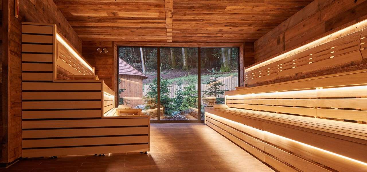 Nordic sauna, light wooden sauna looking out onto beautiful woodlands.