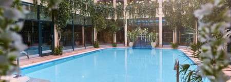 Outdoor courtyard pool with lots of hanging plants.