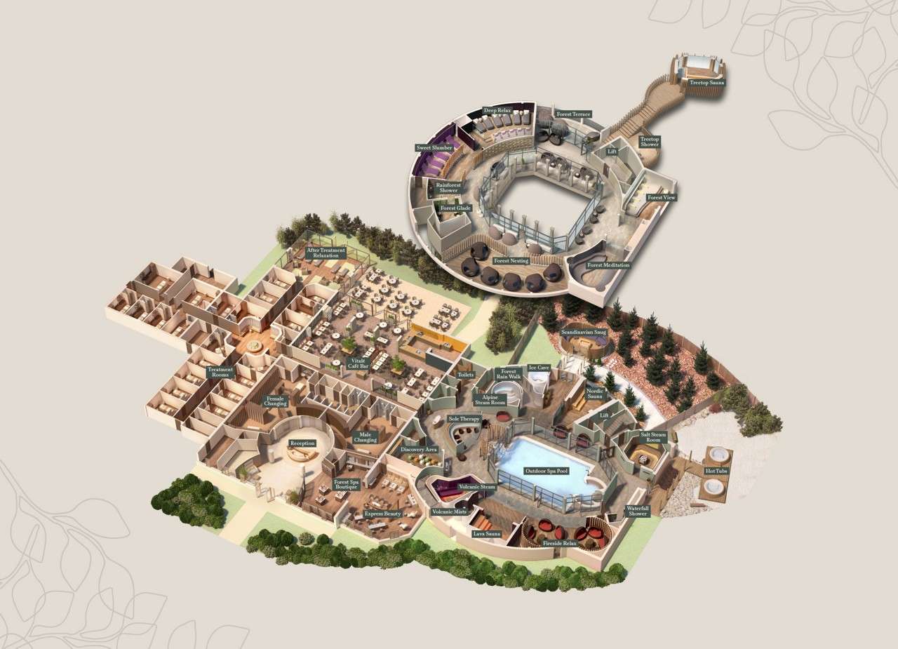 3D spa map depicts facilities arranged around an outdoor pool and circular treetop zone in a forested complex.

Text: Treatment Rooms; Reception; Male Changing; Female Changing; Forest Spa; Express Beauty; Discovery Area; Sole Therapy; Volcanic Mists; Lava Sauna; Fireside Relax; Waterfall Showers; Outdoor Spa Pool; Salt Steam Room; Nordic Sauna; Ice Cave; Aroma Steam Room; Rain Walk; Toilets; Scandinavian Snug; Hot Tubs; Vitalé Café Bar; After Treatment Relaxation; Lift; Forest Terrace; Forest View; Forest Nesting; Forest Meditation; Forest Glade; Deep Relax; Sweet Slumber; Treetop Sauna.