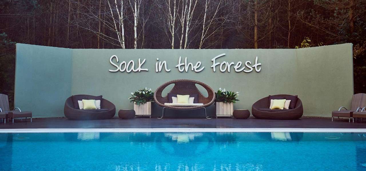 Text: Soak in the Forest. Calm outdoor pool  surrounded by comfortable egg chairs.