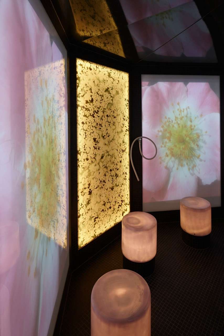 Blossom Steam Room with floral walls and podium seating.