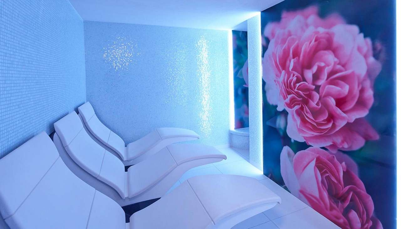 Blossom Heat Room with padded reclined loungers and large pink flowers on the wall.