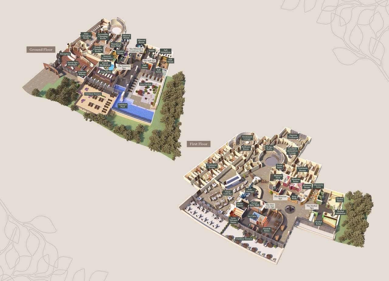 Spa complex floor plan: two isometric maps show labeled areas; features include outdoor pool, terrace, gardens, treatment rooms, saunas; trees border site. Labels are too small to transcribe.