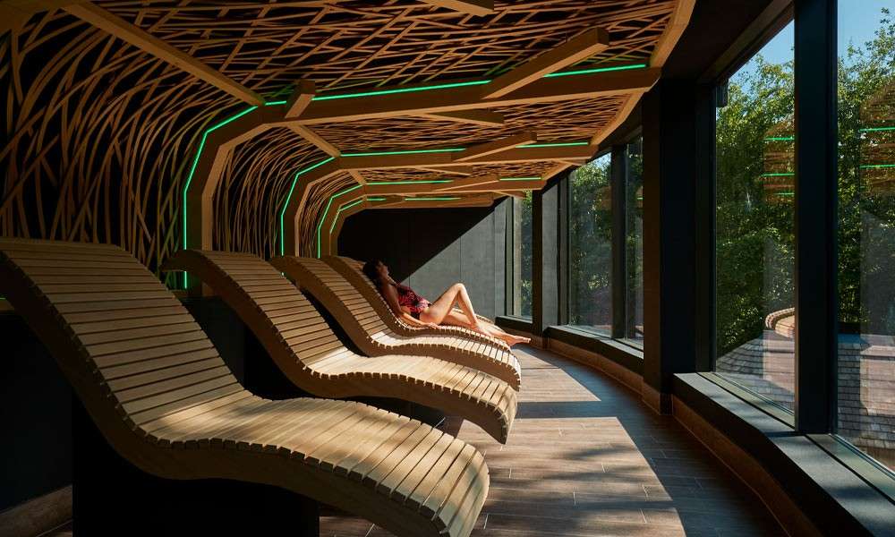 Woman laying on a wooden contoured seat looking out to the forest.