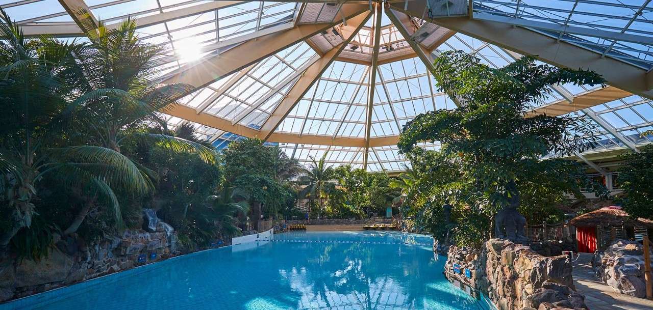 The glass ceiling and interior of the Subtropical Swimming Paradise