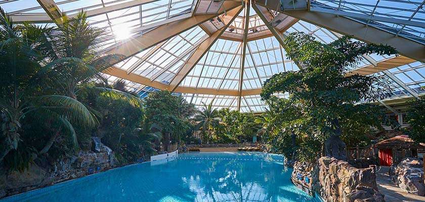 Large indoor swimming pool reflects sunlight, calm blue water bordered by rocks and lounge chairs, beneath a high glass-domed roof with tropical trees and plants.