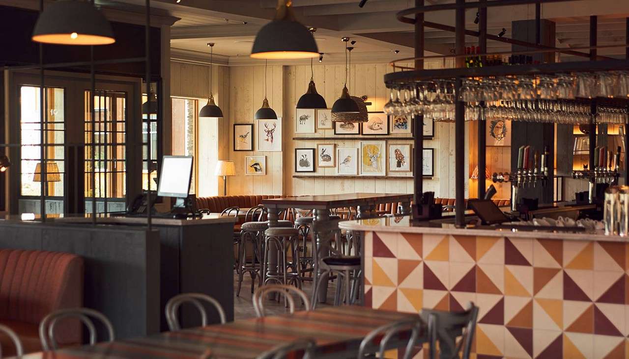 Bar counter displays hanging wine glasses and beer taps; patrons absent. Surrounding context: warm, modern restaurant with tiled bar front, wooden tables, stools, pendant lamps, and framed animal artwork.