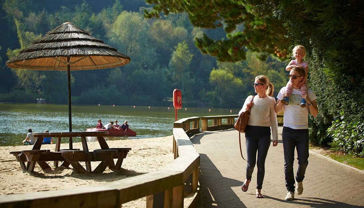 Family walking alongside the beach
