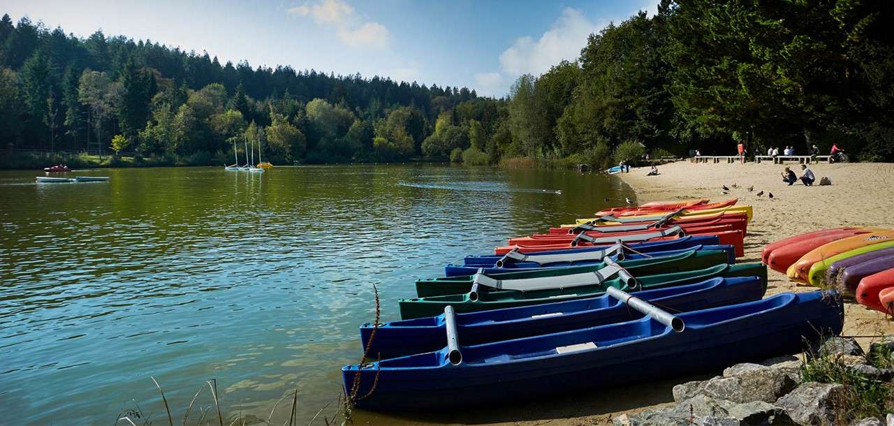 Colorful kayaks and canoes rest on a sandy shore. Nearby, people sit on benches while small sailboats and pedal boats glide across a calm, forest-lined lake under blue sky.