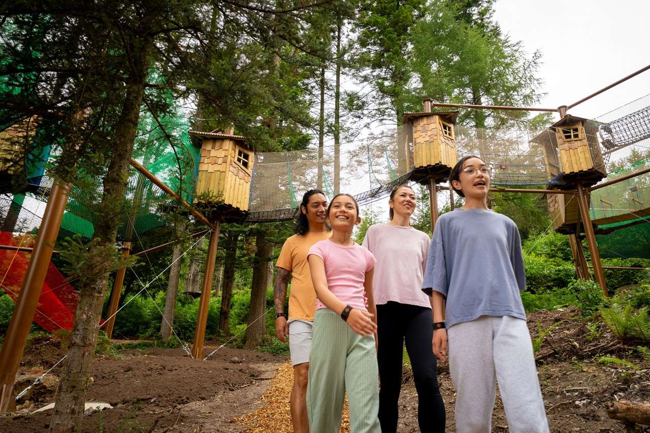 Family pointing at the Adventure Nets course, suspended in the trees.