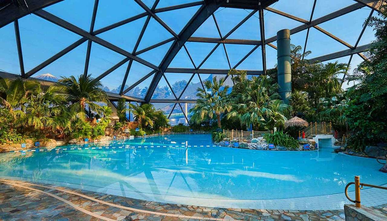 Indoor turquoise swimming pool sits still, bordered by tropical plants and rocks, beneath a large glass geodesic dome; mountains visible through panels, with a walkway and small waterfall feature nearby.