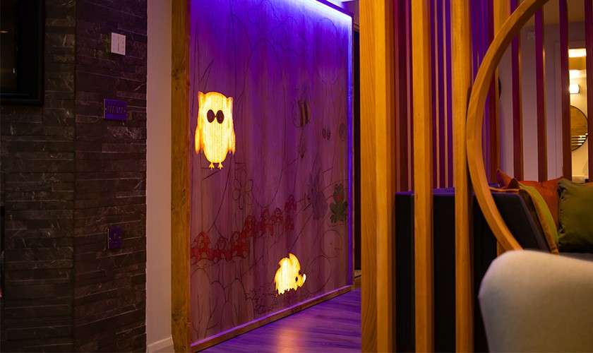 Glowing owl-shaped lights illuminate a purple backlit wall. Nearby, vertical wooden slats frame a staircase and sofa corner, creating a cozy, modern hallway ambience.