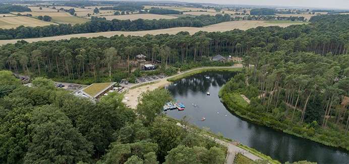 An ariel view of the lake at Woburn Forest.