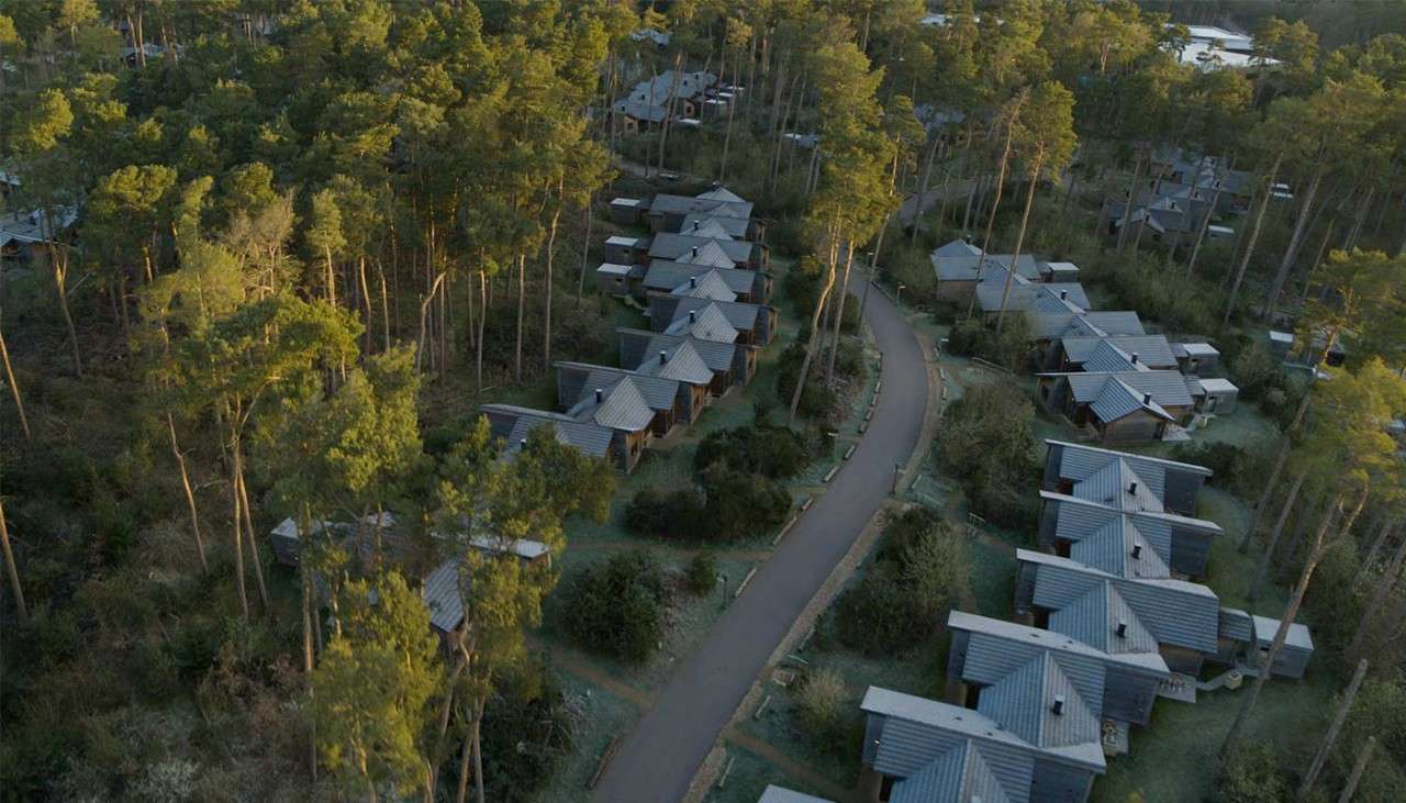 Aerial view of lodges at Woburn Forest.