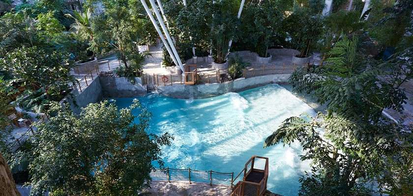 A turquoise wave pool churns with rolling surf, sending ripples toward a shallow beach edge. Surrounding context: tropical plants and trees, rocky walls, railings, and pathways in an indoor atrium.