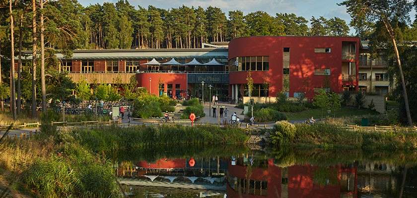 Curved red-and-glass building anchors a lakeside complex, welcoming pedestrians along winding paths. Set among tall pines, landscaped gardens, and a reflective pond, it basks in warm late-afternoon sunlight.
