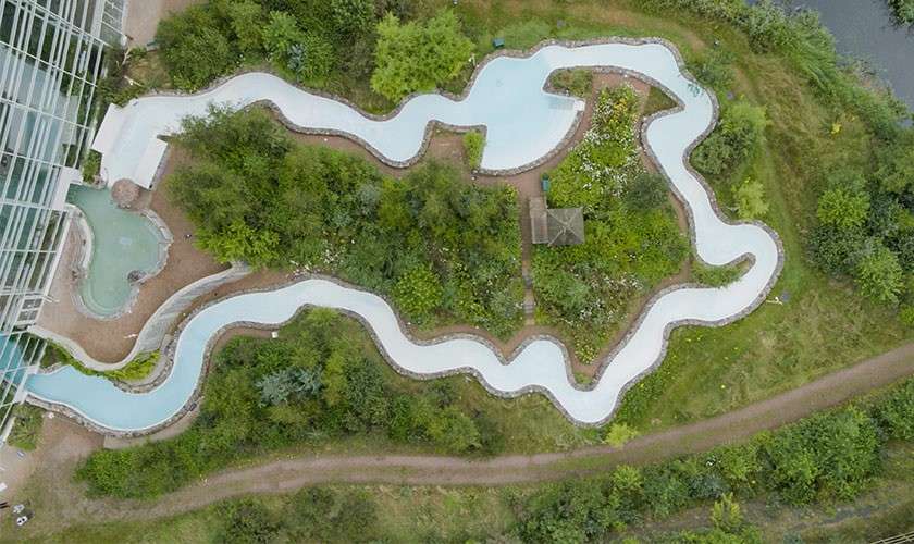 Aerial view of the outdoor rapids at the Subtropical Swimming Paradise.