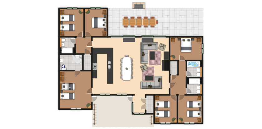 Floor plan depicts a house, arranging bedrooms, bathrooms, kitchen with island, central dining table, adjacent living area, left dorm-style rooms, right master suite, and rear patio with long dining table.
