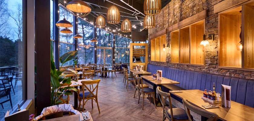 Dining tables stand set with napkins and condiments, lining a long blue banquette; pendant lamps glow overhead while floor-to-ceiling windows reveal trees and an outdoor patio in a rustic-modern restaurant.