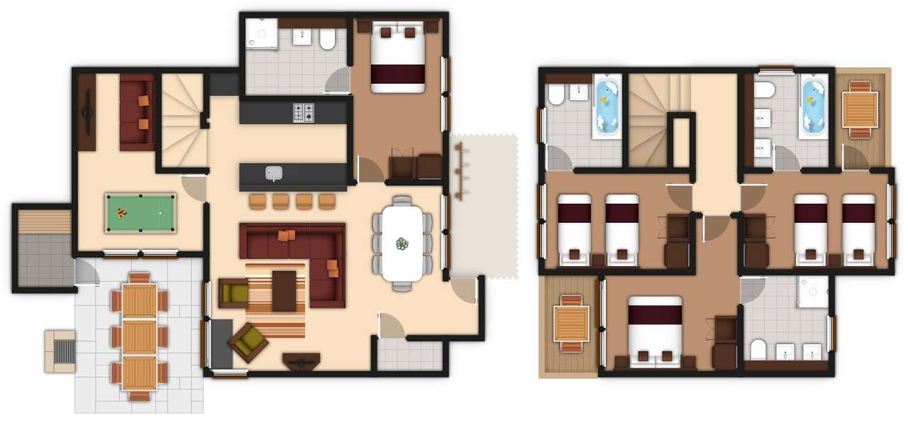 A detailed floor plan illustration of a four bedroom Executive Lodge. If you require further assistance viewing the floor plan or need further information please contact Guest Services.