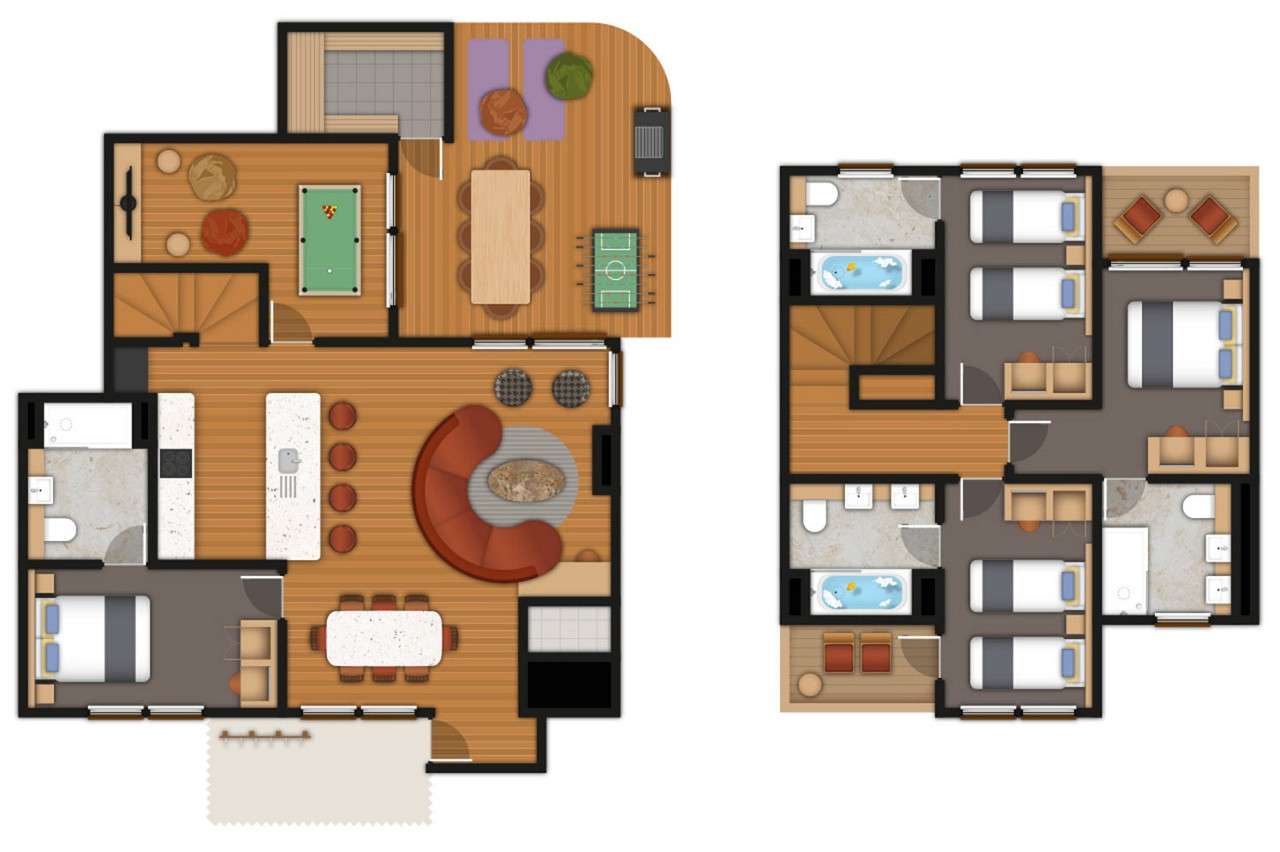 A detailed floor plan illustration of a four bedroom Grand Forest Lodge. If you require further assistance viewing the floor plan or need further information please contact Guest Services.