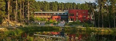 Modern campus building stands among tall pines, facing a reflective pond; people stroll on pathways and terraces, with landscaped greenery and a wooded background under warm evening light.