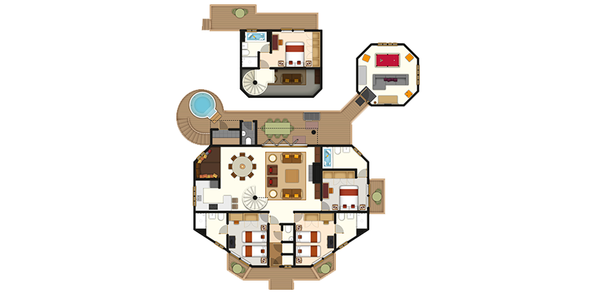 Floor plan shows a large octagonal home, featuring central living/dining and kitchen, four bedrooms with baths, multiple decks, a hot tub, a detached suite, and a separate octagonal game room.