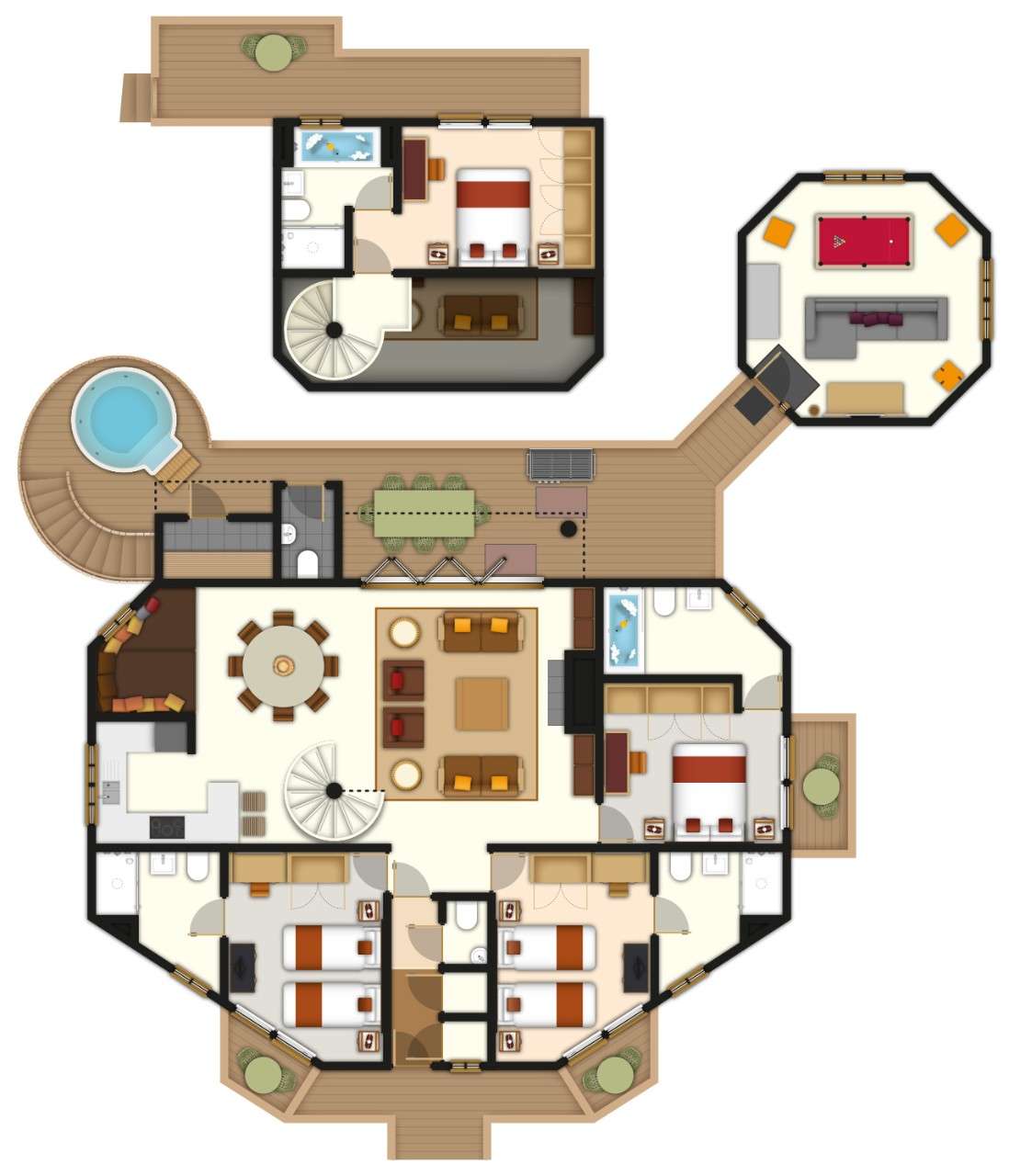 A detailed floor plan illustration of a Treehouse. If you require further assistance viewing the floor plan or need further information please contact Guest Services.