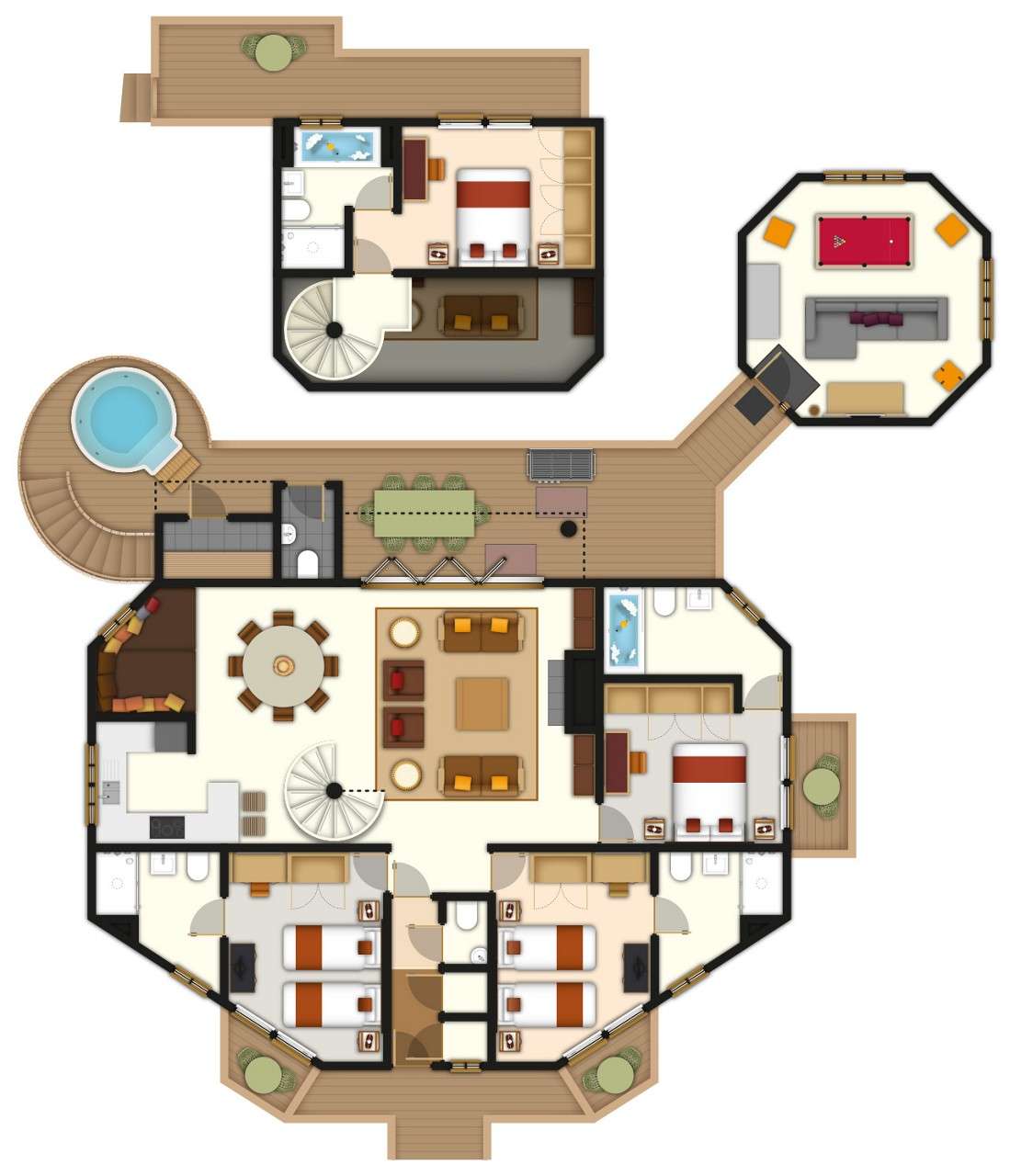 A multi-room house floor plan shows bedrooms and bathrooms surrounding a central living area; decks connect a hot tub and an octagonal game room with pool table and sofas.