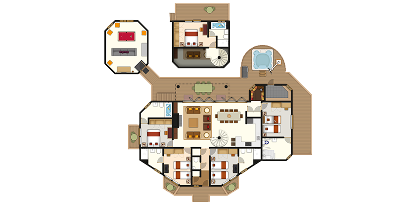 Floor plan shows a large house: central living-kitchen area with spiral stairs, six bedrooms and baths, wraparound deck, hot tub, detached game room, and upper suite above the rear deck.