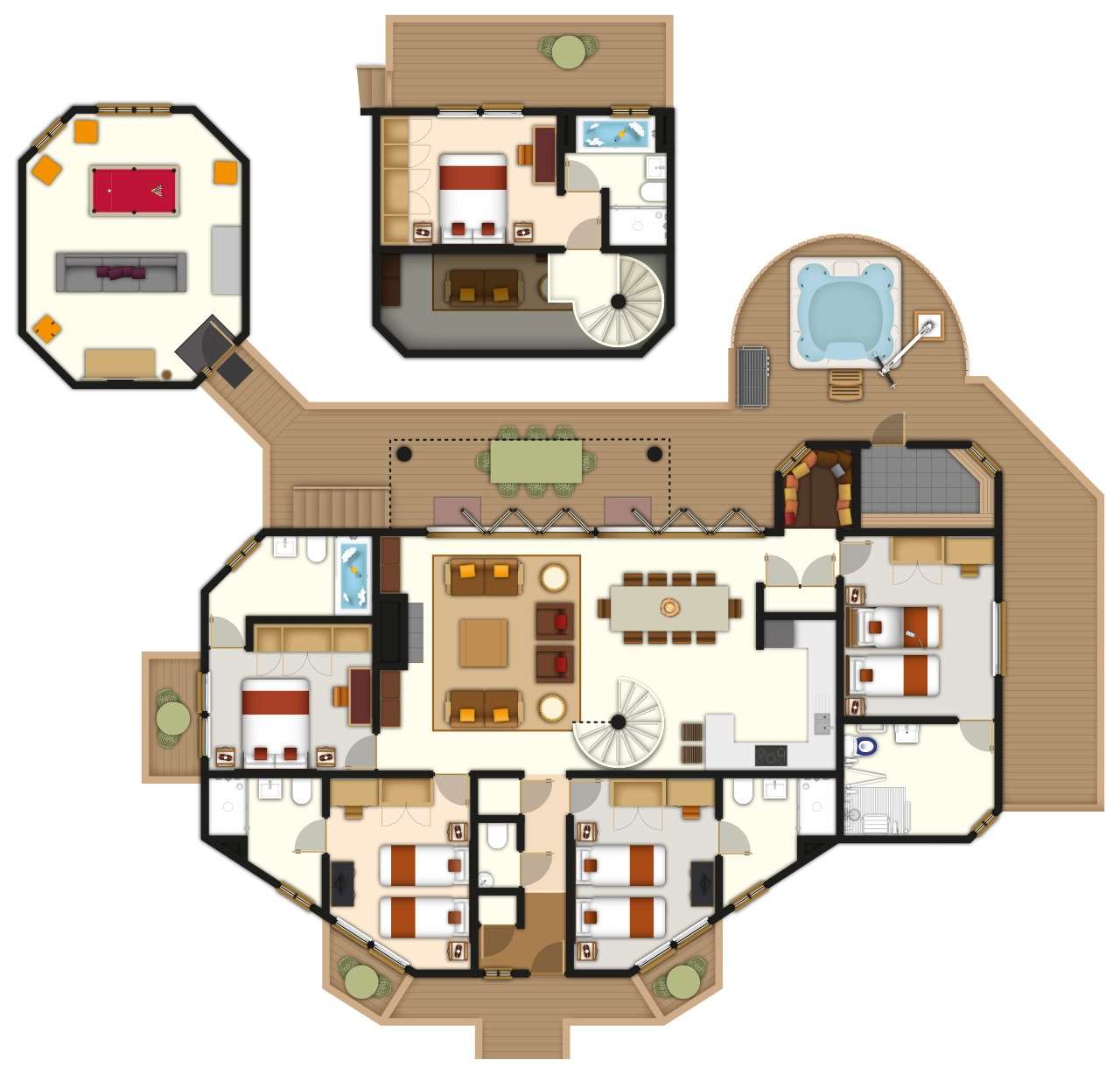 Floor plan shows spacious house; central living and dining; five bedrooms with baths around; wraparound deck, outdoor dining, hot tub; separate octagonal game room with pool table.