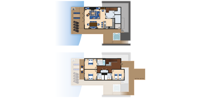 Two-level floor plan depicts rooms arranged and furnished; upstairs shows living area, dining, kitchenette, bedroom, bath, and balcony with hot tub; downstairs shows two bedrooms, bathrooms, lounge, and deck loungers.