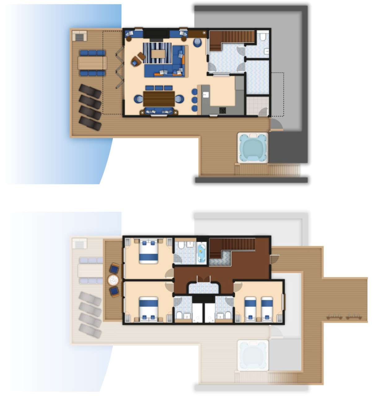 A detailed floor plan illustration of a three bedroom Waterside Lodge. If you require further assistance viewing the floor plan or need further information please contact Guest Services.