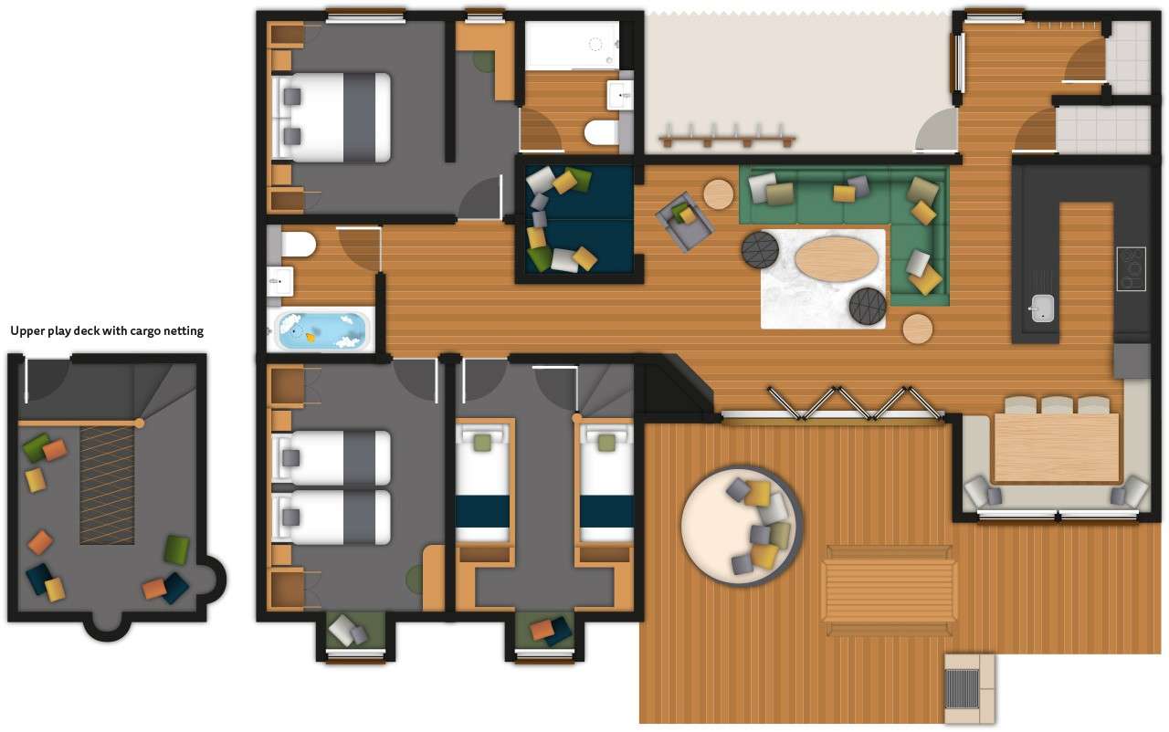 A detailed floor plan illustration of a TWoodland Explorer Lodge. If you require further assistance viewing the floor plan or need further information please contact Guest Services.