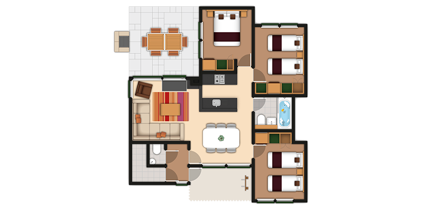 Floor plan displays a single-level home: three bedrooms, one bathroom, central dining area, adjoining kitchen, living room, entry hall, and rear patio with table, illustrating furniture placement and circulation.