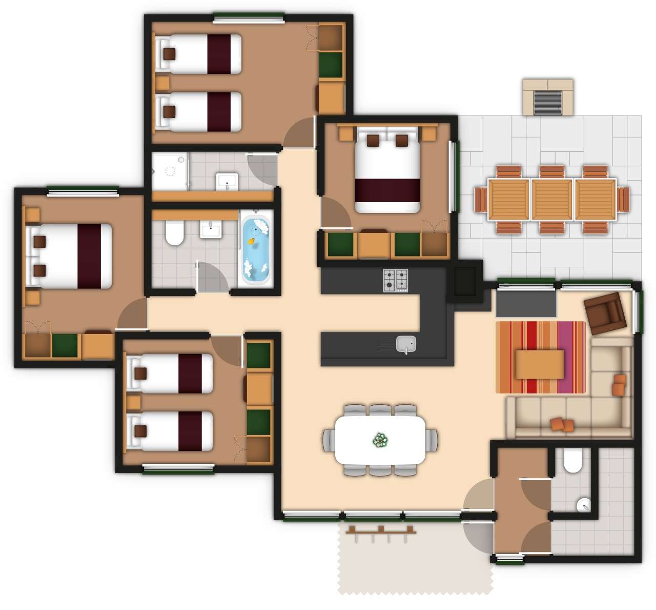Floor plan shows rooms arranged: four bedrooms, two bathrooms, a central open kitchen, dining area, and living room. Corridors connect to a terrace with outdoor table and a small patio entrance.